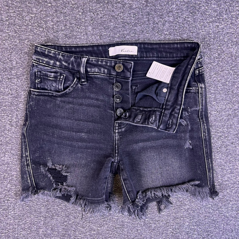 KanCan Denim Shorts Womens M Black Distressed Casual Button Fly Raw Hem Grunge‎